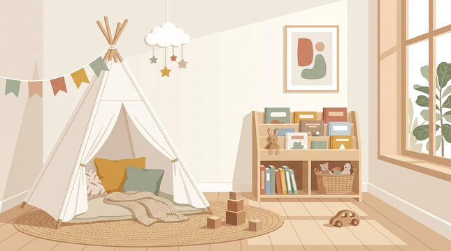 Minimalist flat vector illustration of a cozy kids nursery and playroom corner with a teepee tent, Montessori bookshelf, and round rug.