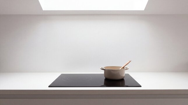 minimalist kitchen design, sleek induction cooktop placed on a minimalist kitchen counter with natural light