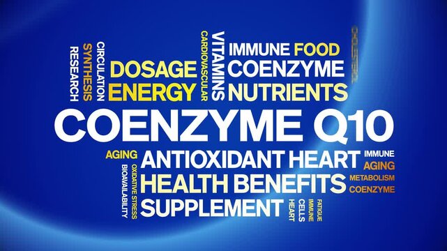 Coenzyme Q10 animated word cloud-CoQ10 text design animation tag kinetic typography seamless loop.