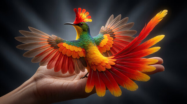 A Colorful Magical Bird Flying From a Gentle Human Hand