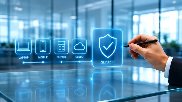 Hand with stylus selecting a security shield icon in office
