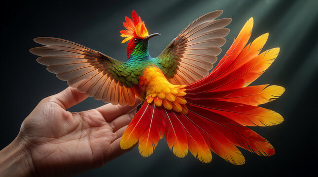 A Colorful Magical Bird Flying From a Gentle Human Hand