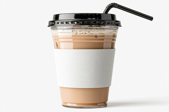 Iced coffee in plastic cup with black lid and straw on white background