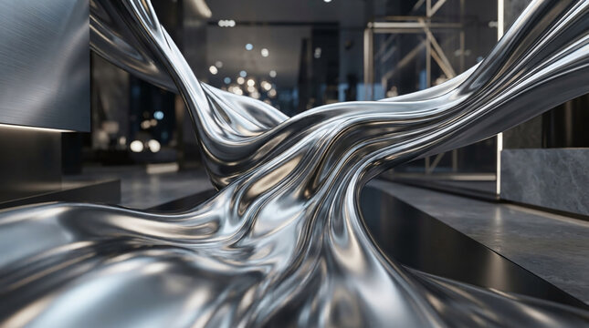 Abstract Liquid Chrome Metal Wave Background with Shiny Metallic Reflection for Modern Architecture and Luxury Design