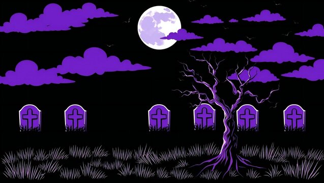 Spooky graveyard with tombstones and bare tree under a full moon at night