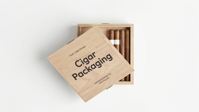 Wooden cigar packaging box mockup with cigars inside isolated on white background. Great for tobacco product presentations and branding designs.