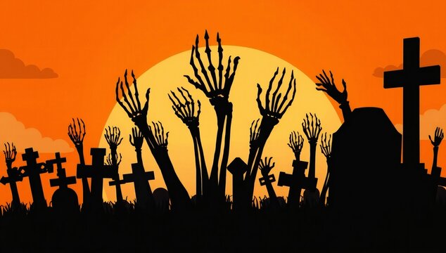 Spooky skeleton hands rising from a graveyard at sunset with crosses and tombstones under an orange sky for halloween