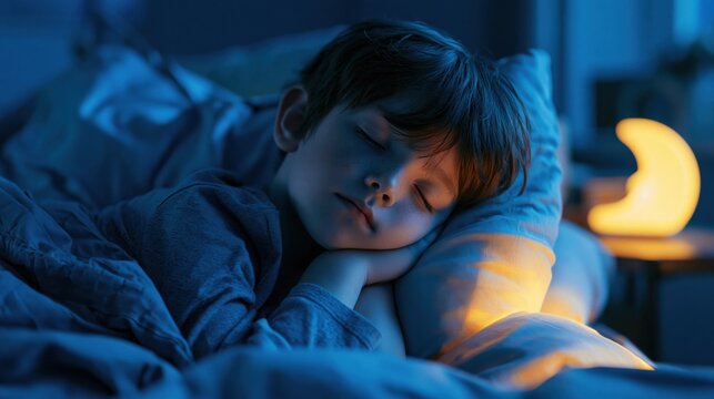 A close-up of a young boy peacefully sleeping in his bed at night under blue light.