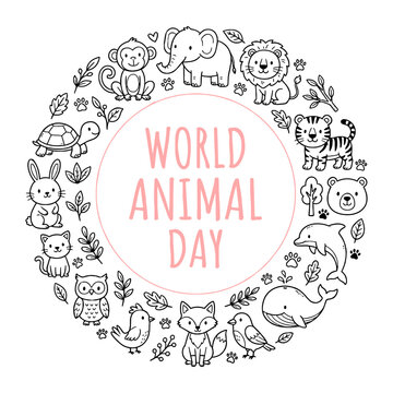 World Animal Day Line Art Cute Animals Wreath Frame Vector Illustration