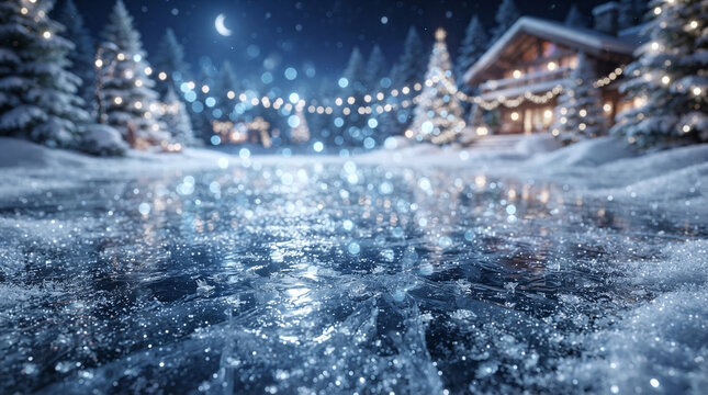 Frozen Ice Surface Close Up with Sparkling Bokeh Lights and Cozy Winter Cabin Background During Christmas Night