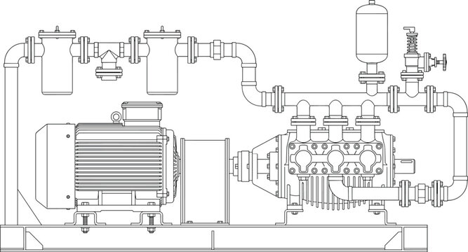 Industrial Triplex Plunger Pump Motor Skid System Technical CAD Blueprint Line Art Vector for Engineering Design
