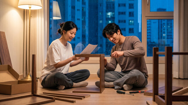 Asian couple assembling wooden DIY furniture at home at night for interior and home improvement