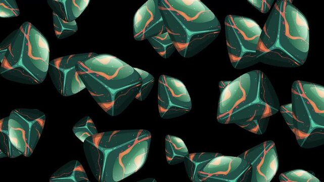 Abstract Falling Green and Orange Marbled Stones on Black Background