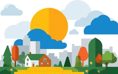 Fototapeta premium Flat illustration of a city scene with a small house on a yellow brick road, sun, and clouds