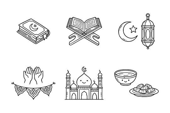 Islamic Icons Set Line Art Quran Mosque Lantern Vector Illustration