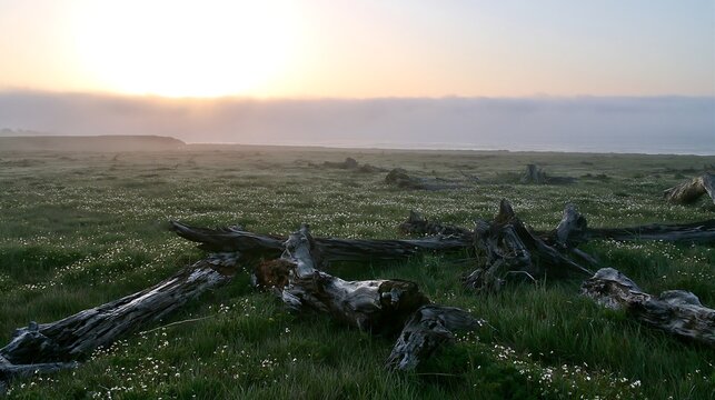 Ishikawa coastal meadow storm washed driftwood at sunset