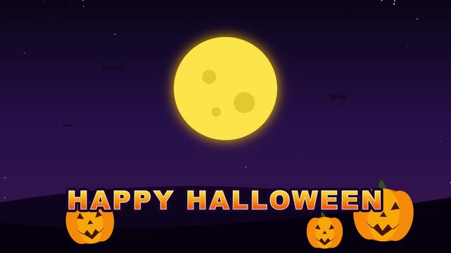 A festive animated motion graphic design featuring a glowing yellow full moon above smiling jack o lantern pumpkins with text that says Happy Halloween