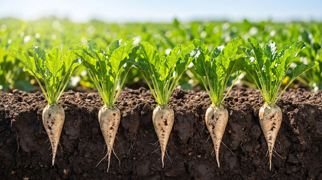 Row of sugar beet roots partially unearthed in dark soil with green leaves, farm field in background