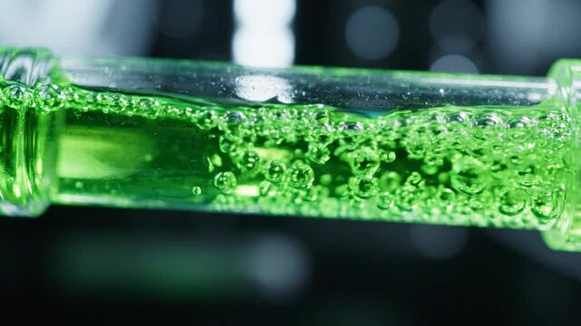 Green coolant flows through a transparent tube with rising bubbles in an industrial liquid cooling circuit