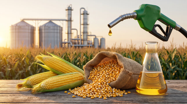 Corn cobs, seeds in sack, fuel nozzle dripping oil, and ethanol refinery in golden corn field at sunset