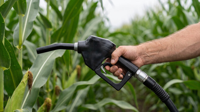 Hand holding a fuel nozzle in a lush green corn field, symbolizing biofuel and renewable energy from crops