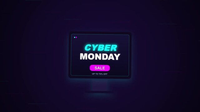 Animated Neon Cyber Monday Sale Advertisement Featuring Glowing Text And Digital Promotion Graphics On A Screen Displaying Special Discount Offers