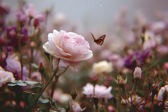 a butterfly is flying over a pink flower