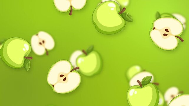 Animated Falling Green Apples and Slices on Vibrant Green Background
