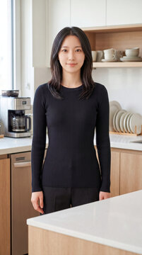 Asian woman in black long sleeve shirt mockup for lifestyle brand presentation and web design