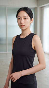 Asian woman in black tank top mockup for activewear and fitness apparel brand presentation