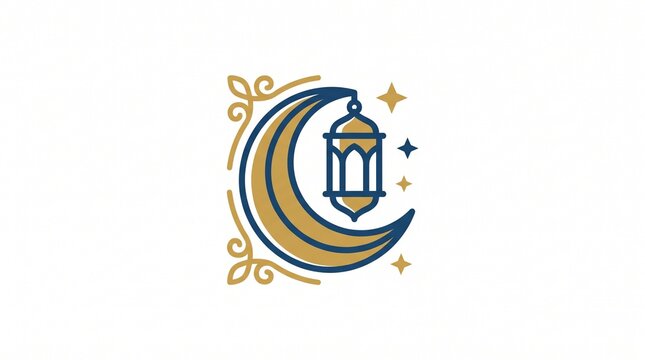Islamic crescent moon and fanous lantern icon illustration with ornate swirls and gold stars, isolated on white background. Ideal for Ramadan Kareem, Eid Mubarak, or Islamic celebration design templat