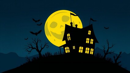 Fototapeta premium Haunted house silhouette with a scary pumpkin moon in a dark night sky for halloween