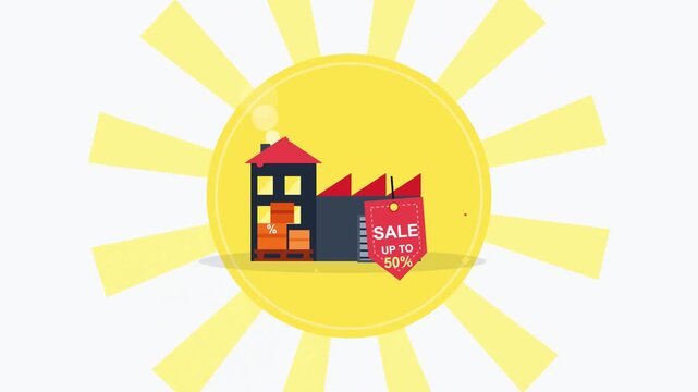 Animated illustration of a factory building with a large sale tag promoting clearance discounts on industrial products and manufacturing services