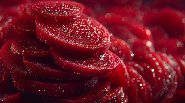 Stacked slices of fresh red beetroots with water droplets close