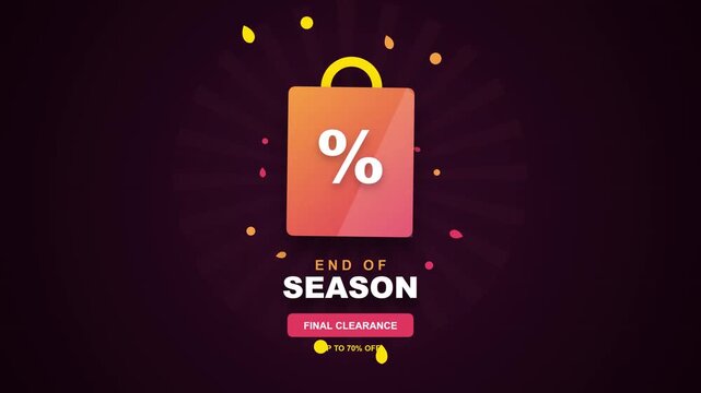 End of season final clearance sale motion graphic featuring a gradient shopping bag icon with a percentage symbol for promotional retail advertising events