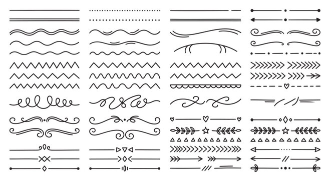 Assortment of hand drawn decorative text dividers and underline strokes in sketchy style with decorative lines sketchy borders wave lines zigzag lines swirl ornaments black separators separator