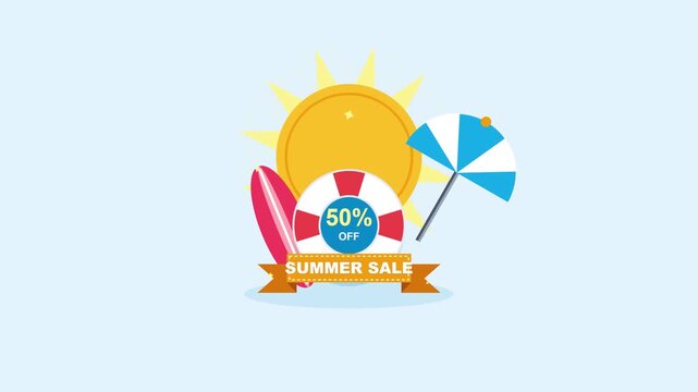 A vibrant 2D flat graphic design animation showcasing a summer sale promotion with a beach theme, sun, surfboard, and umbrella for seasonal retail events.