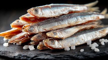 Obraz premium Pile of salted crispy fried fish arranged on a dark textured slate background