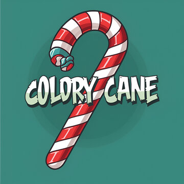 Stylized candy cane illustration with decorative text on a solid green background.