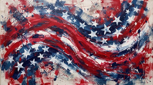 Abstract american flag painting with expressive brushstrokes and paint splatters, featuring dynamic red, white, and blue patriotic colors
