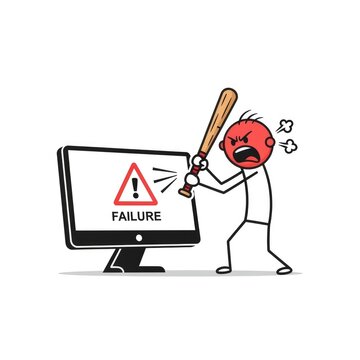 Angry cartoon character smashing computer screen.