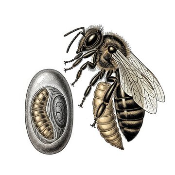 Bee and bee larvae in honeycomb.