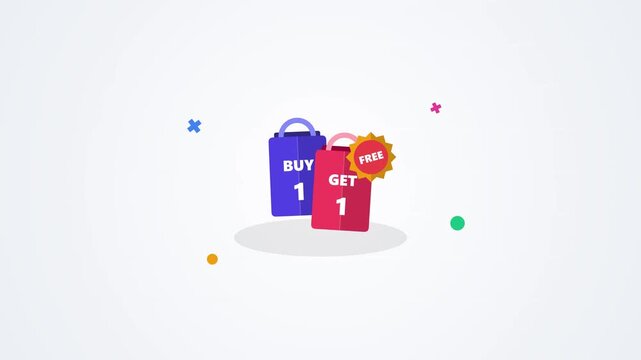 An animated motion graphic of two colorful shopping bags featuring a buy one get one free promotion for retail marketing sales events