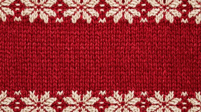 Knitted red wool texture with white snowflake pattern for festive christmas and winter holiday fabric background