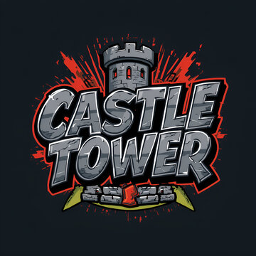 A stylized vector logo design featuring a stone castle tower with bold metallic typography.
