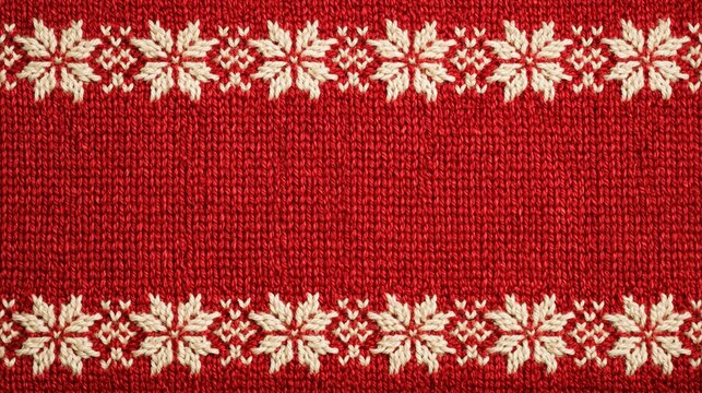 Knitted red fabric background with a white nordic snowflake pattern for winter christmas holiday textile designs
