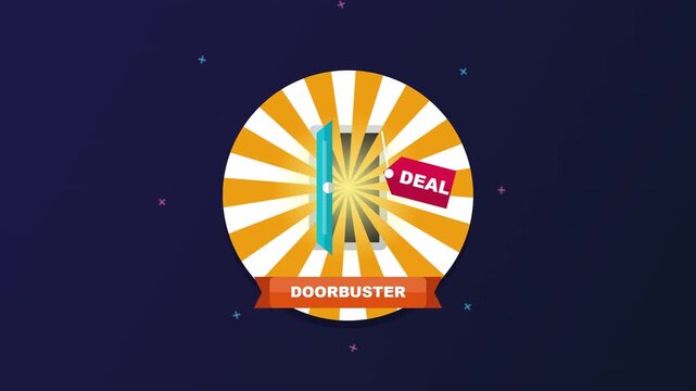 A vibrant 3D motion graphic illustration featuring a golden sunburst with an opening door icon and a promotional deal tag for limited time doorbuster sales event marketing