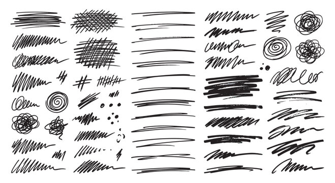 Set of hand drawn textures and pencil strokes scribble collection on white background with sketch lines vector shading grungy hatch texture set graphic elements rough lines abstract scribbles
