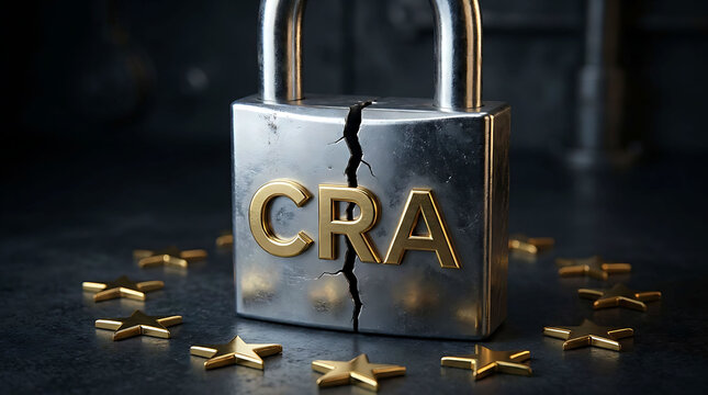 Broken padlock with CRA letters and European Union stars on dark background