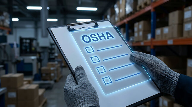 Warehouse worker holding digital OSHA checklist clipboard safety inspection
